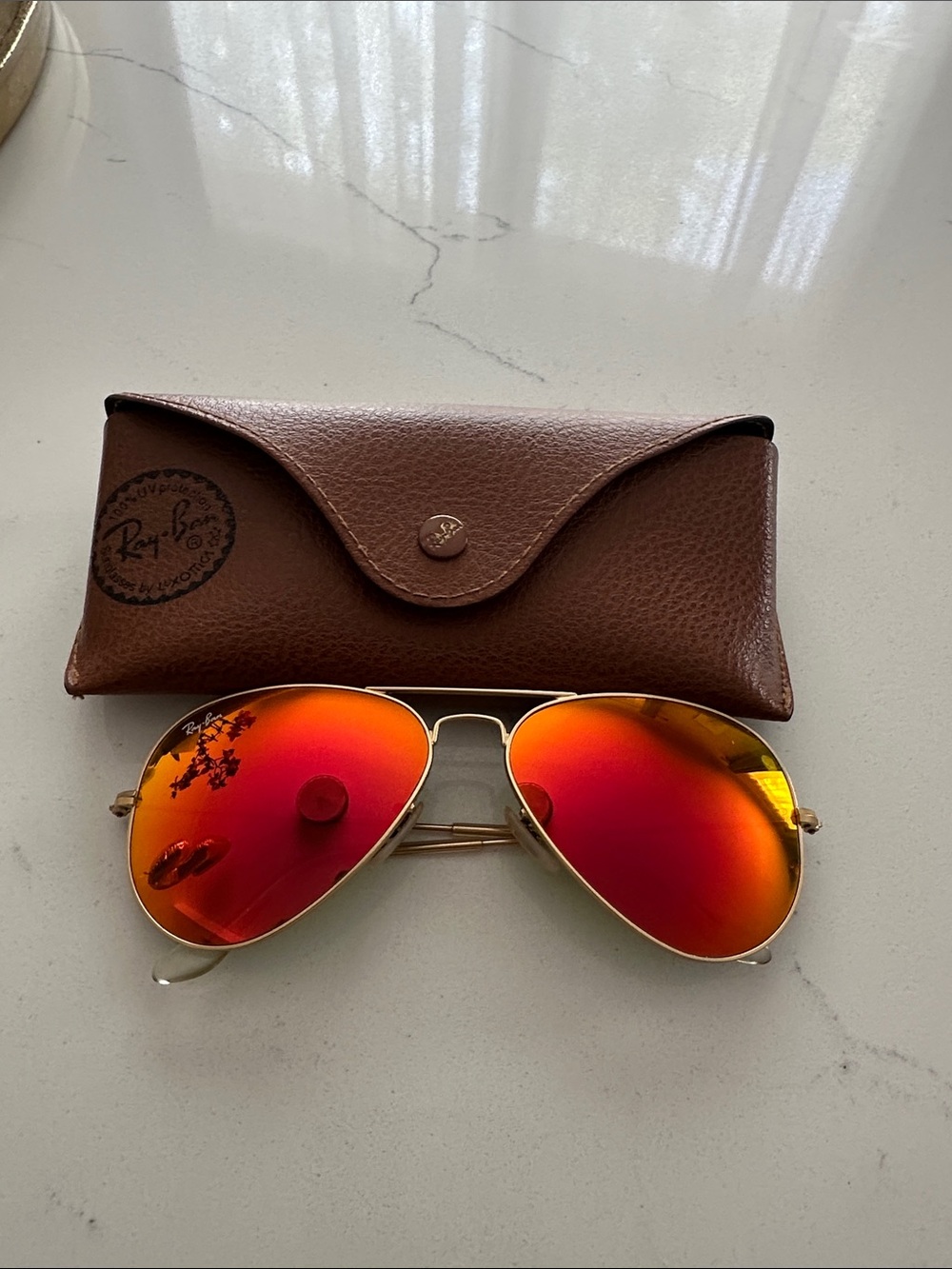 Ray-Ban Gold Frame Aviators with Red and Orange Mirrored Lenses